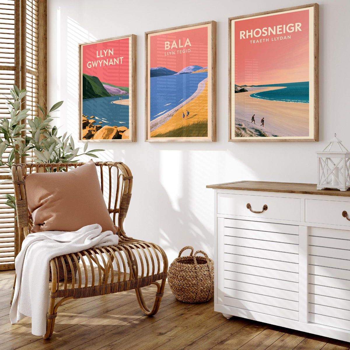 Llyn Gwynant, Bala and Rhosneigr Set of Three Art Prints - Pink Summer North Wales Lake and Beach Posters - Eryri Anglesey Illustration V2