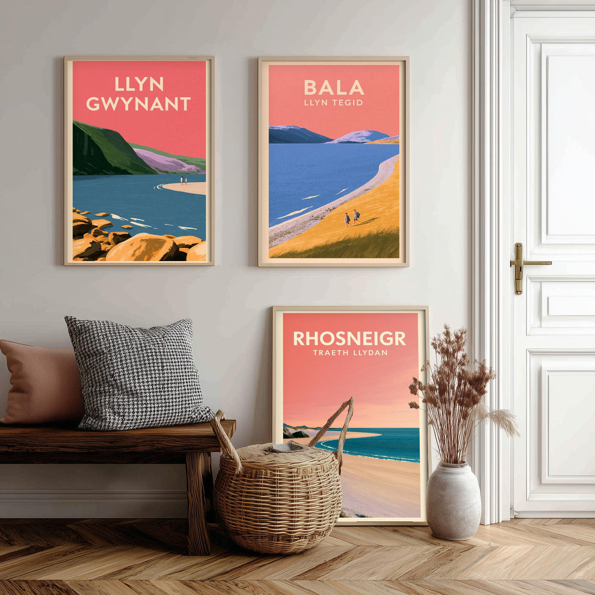 Llyn Gwynant, Bala and Rhosneigr Set of Three Art Prints - Pink Summer North Wales Lake and Beach Posters - Eryri Anglesey Illustration V2