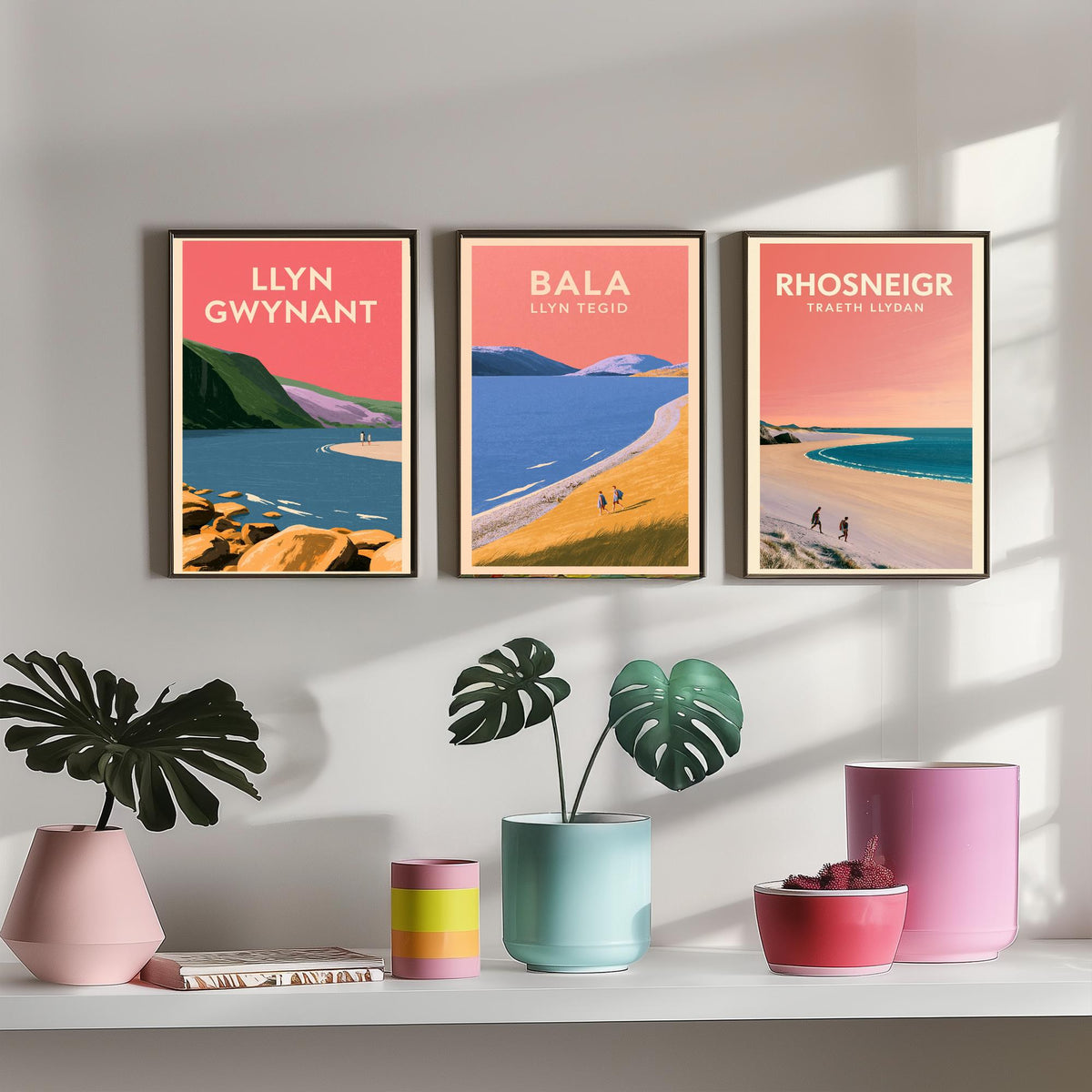 Llyn Gwynant, Bala and Rhosneigr Set of Three Art Prints - Pink Summer North Wales Lake and Beach Posters - Eryri Anglesey Illustration V2