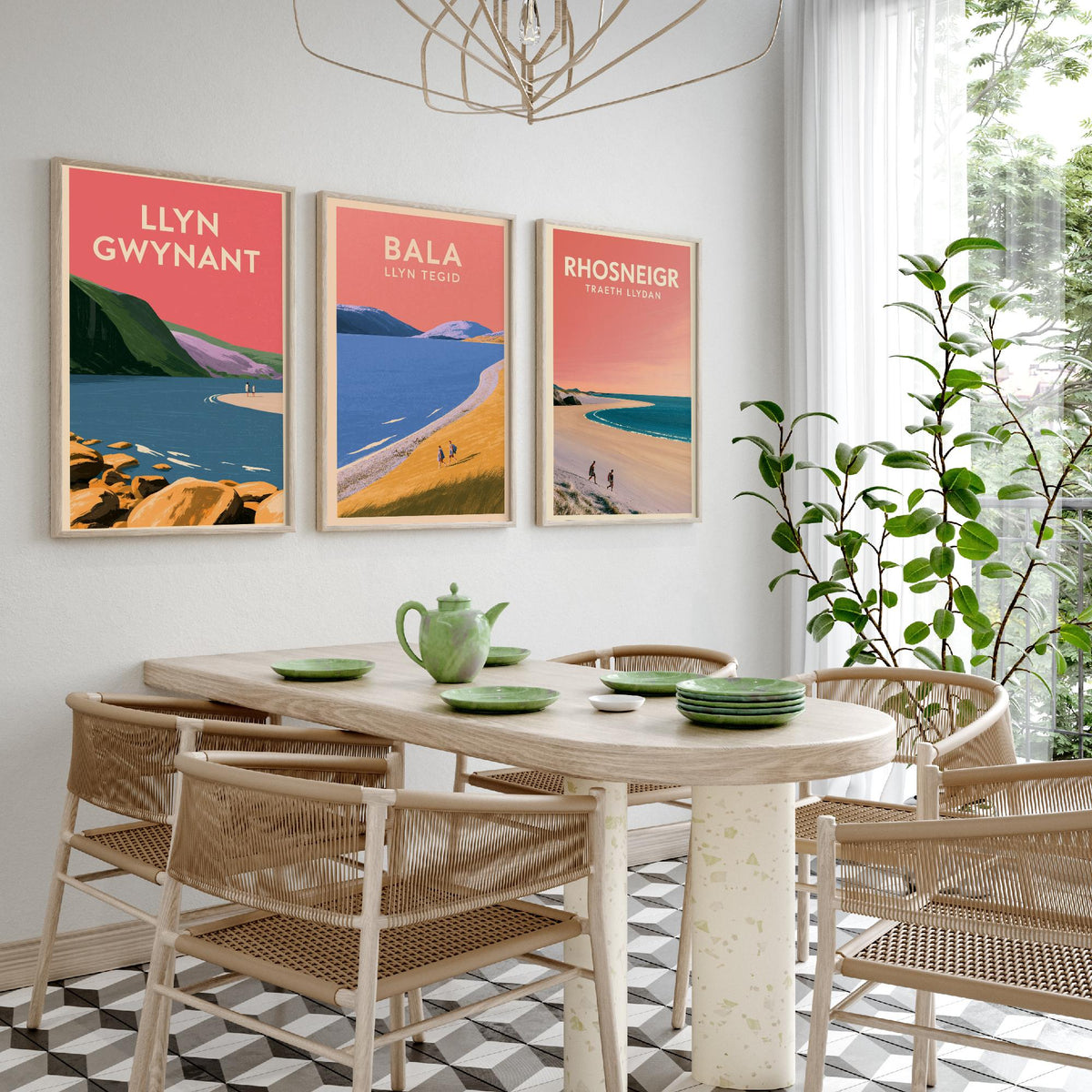Llyn Gwynant, Bala and Rhosneigr Set of Three Art Prints - Pink Summer North Wales Lake and Beach Posters - Eryri Anglesey Illustration V2