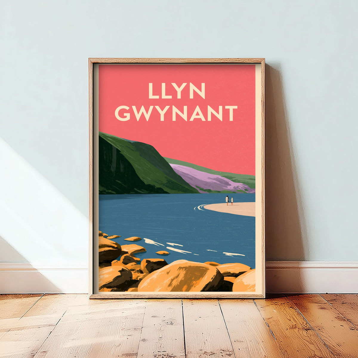 Llyn Gwynant Travel Poster - Pink Summer Art Print - Coral Sky Lake Illustration - Snowdonia Lake