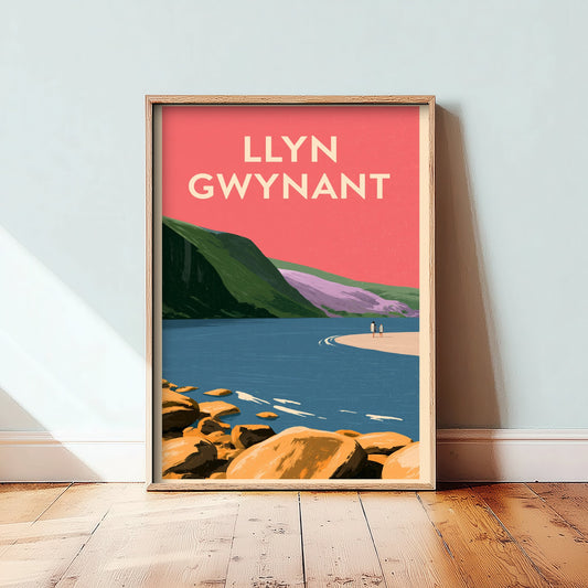 Llyn Gwynant Travel Poster - Pink Summer Art Print - Coral Sky Lake Illustration - Snowdonia Lake