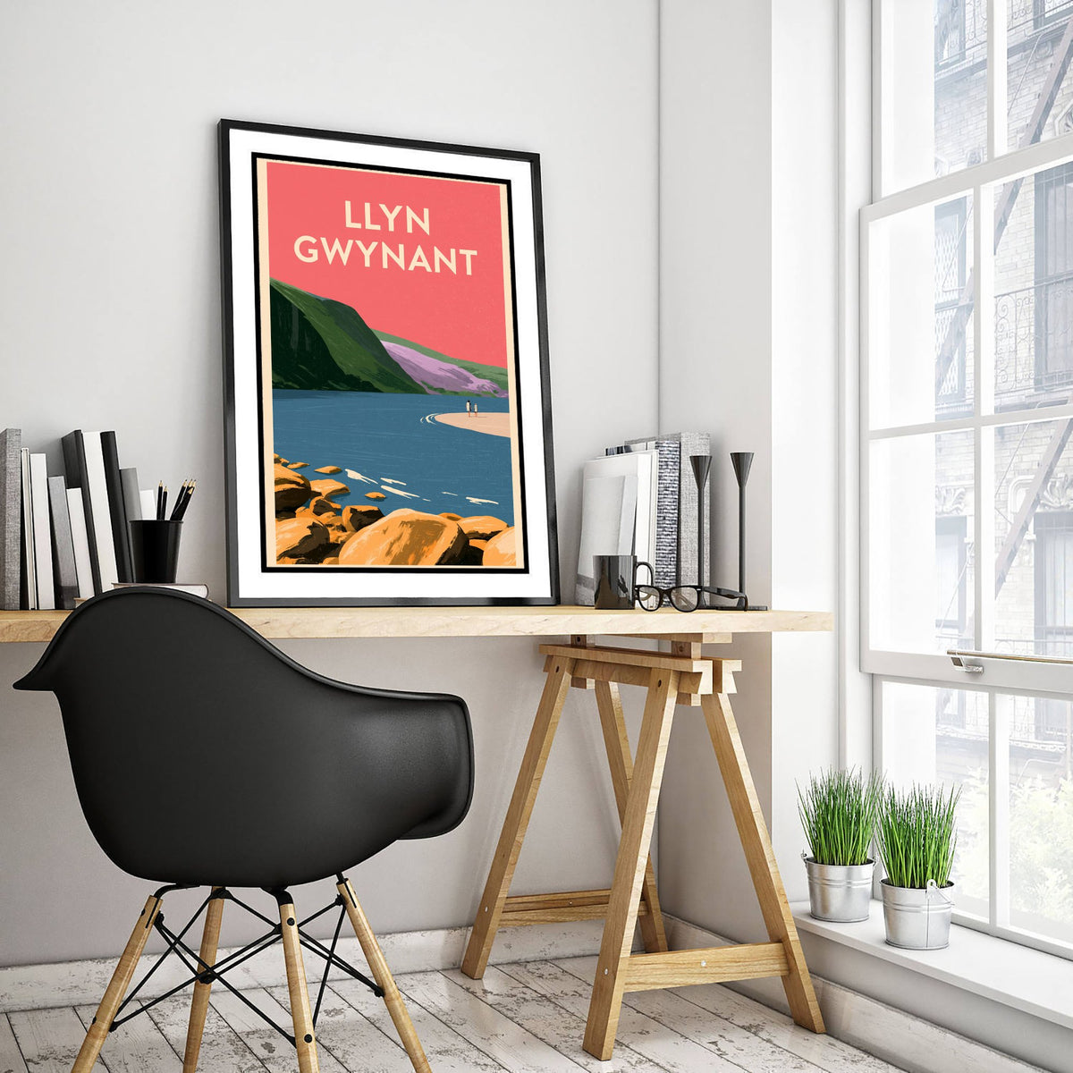 Llyn Gwynant Travel Poster - Pink Summer Art Print - Coral Sky Lake Illustration - Snowdonia Lake