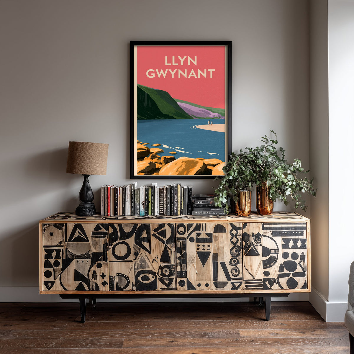 Llyn Gwynant Travel Poster - Pink Summer Art Print - Coral Sky Lake Illustration - Snowdonia Lake
