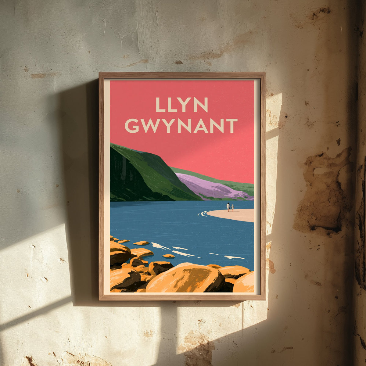 Llyn Gwynant Travel Poster - Pink Summer Art Print - Coral Sky Lake Illustration - Snowdonia Lake