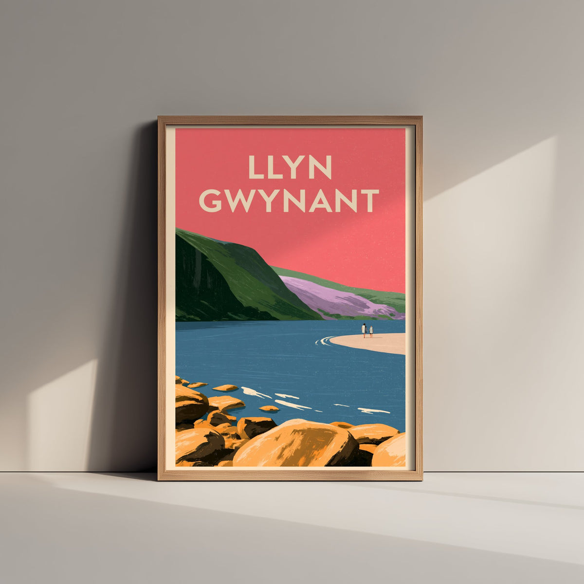 Llyn Gwynant Travel Poster - Pink Summer Art Print - Coral Sky Lake Illustration - Snowdonia Lake
