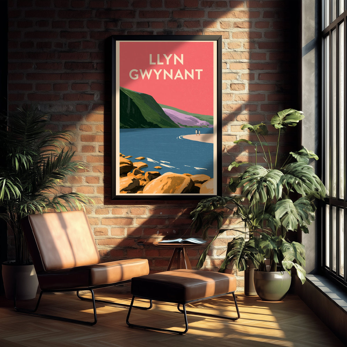 Llyn Gwynant Travel Poster - Pink Summer Art Print - Coral Sky Lake Illustration - Snowdonia Lake