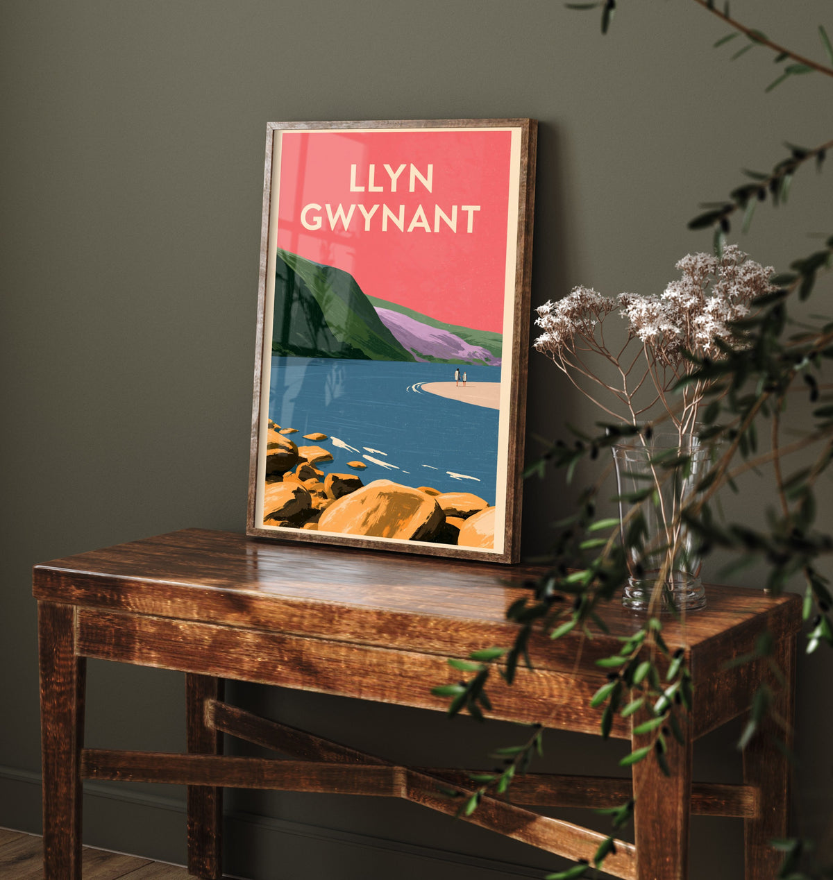 Llyn Gwynant Travel Poster - Pink Summer Art Print - Coral Sky Lake Illustration - Snowdonia Lake