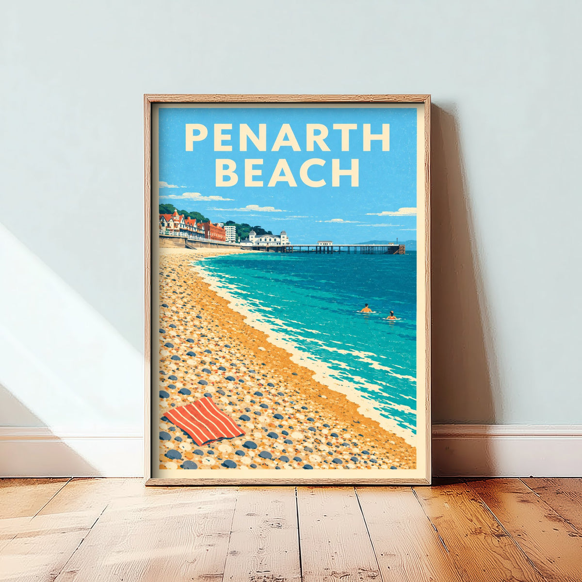 Penarth Beach Travel Poster - Dappled Blue Art Print - Grainy Retro Seaside Illustration - Pier and Pebbles