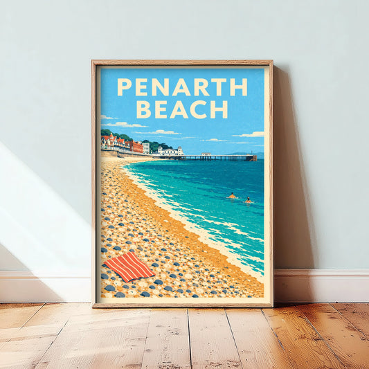 Penarth Beach Travel Poster - Dappled Blue Art Print - Grainy Retro Seaside Illustration - Pier and Pebbles