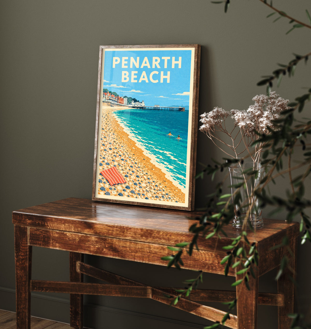 Penarth Beach Travel Poster - Dappled Blue Art Print - Grainy Retro Seaside Illustration - Pier and Pebbles