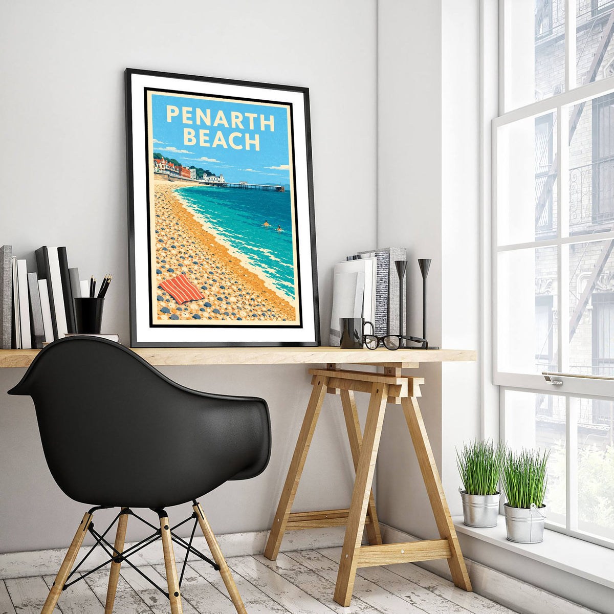 Penarth Beach Travel Poster - Dappled Blue Art Print - Grainy Retro Seaside Illustration - Pier and Pebbles