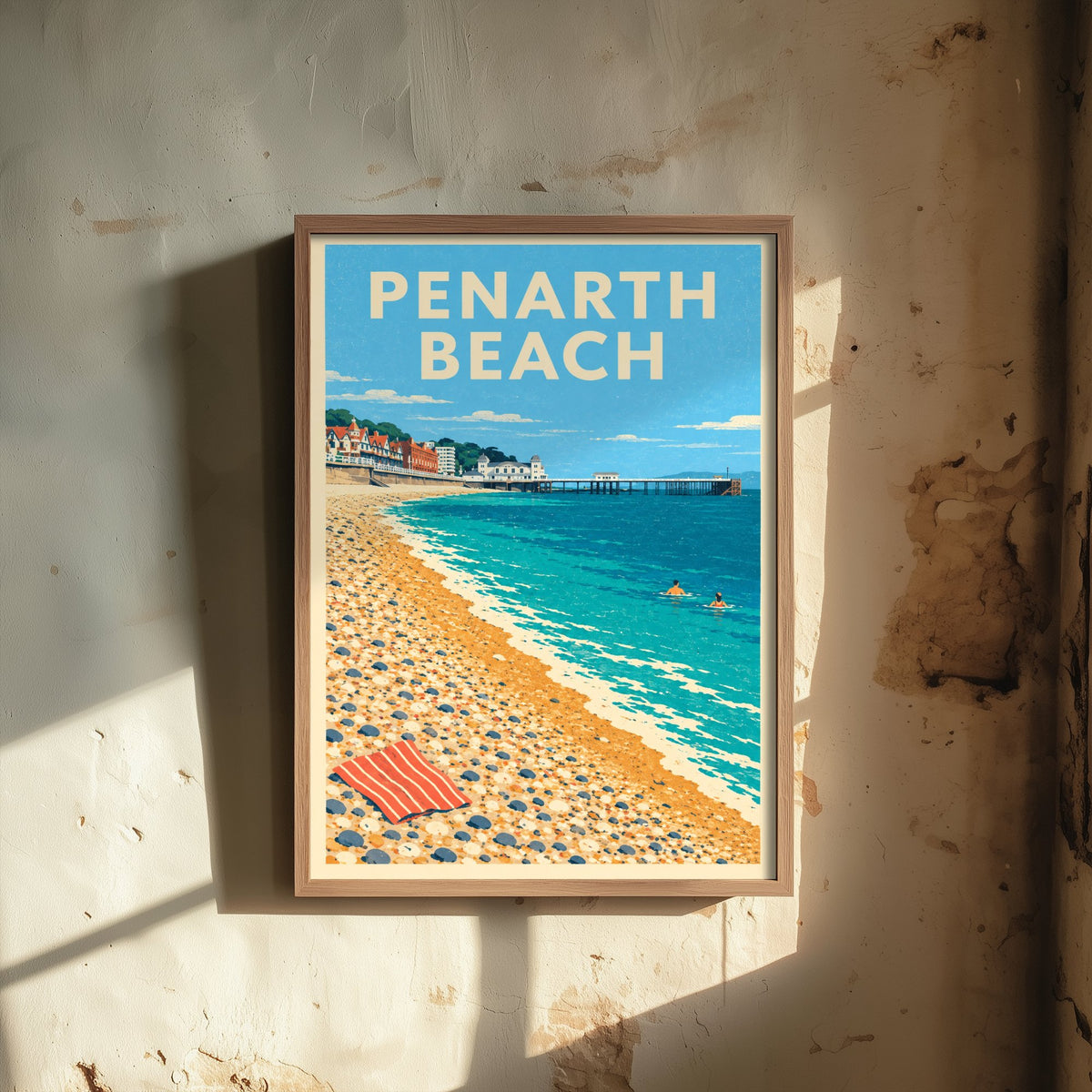 Penarth Beach Travel Poster - Dappled Blue Art Print - Grainy Retro Seaside Illustration - Pier and Pebbles