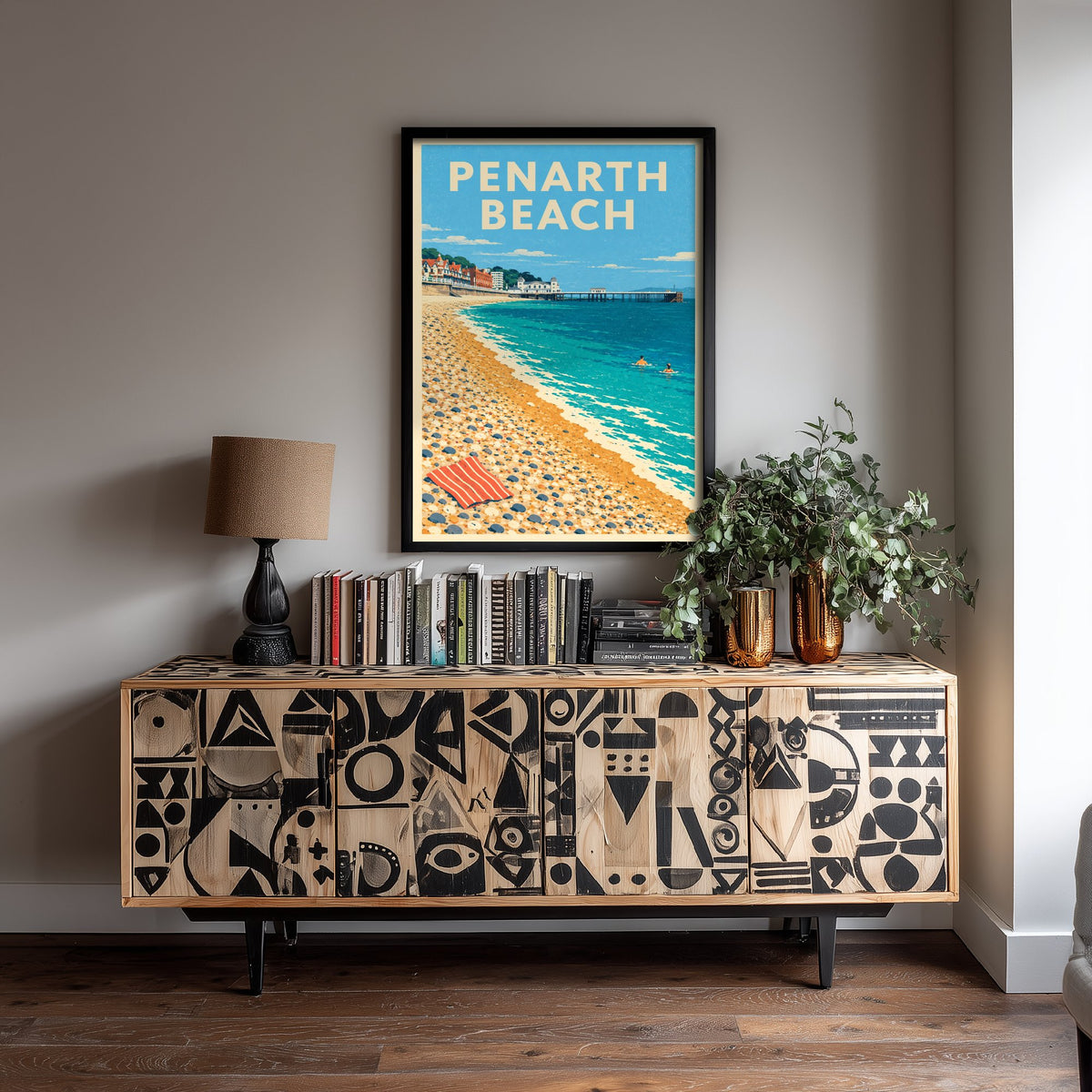 Penarth Beach Travel Poster - Dappled Blue Art Print - Grainy Retro Seaside Illustration - Pier and Pebbles