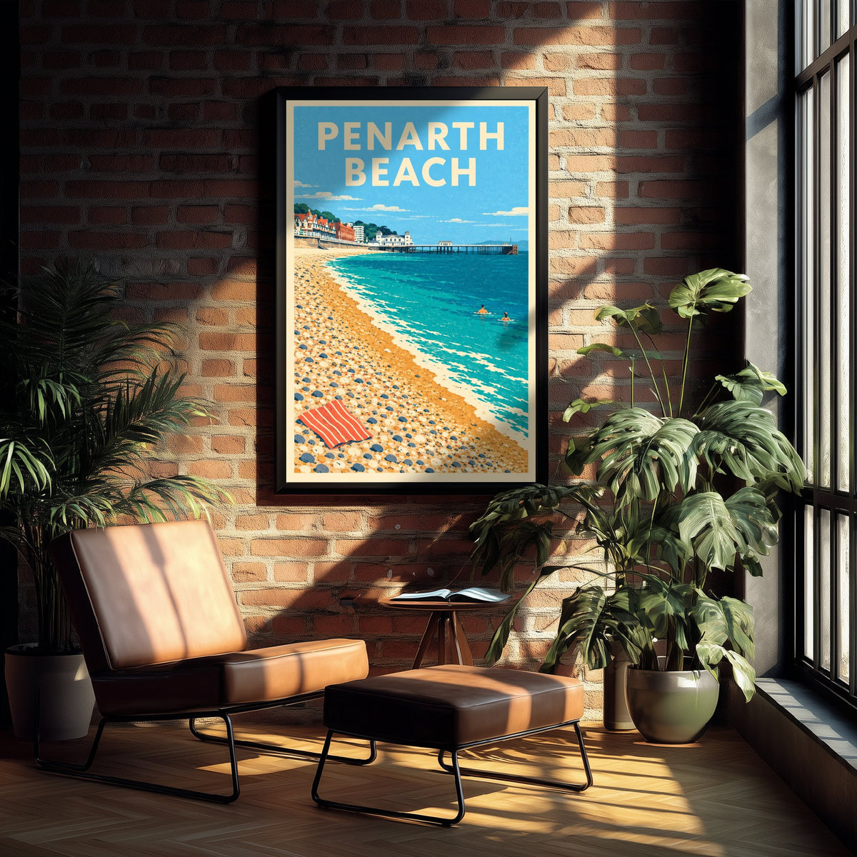 Penarth Beach Travel Poster - Dappled Blue Art Print - Grainy Retro Seaside Illustration - Pier and Pebbles