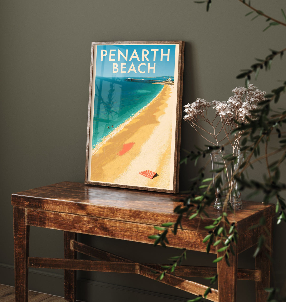 Penarth Beach Travel Poster - Electric Blue Art Print - Mid Century Seaside Illustration - Pier and Pebbles