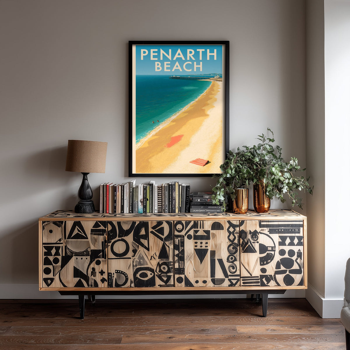 Penarth Beach Travel Poster - Electric Blue Art Print - Mid Century Seaside Illustration - Pier and Pebbles