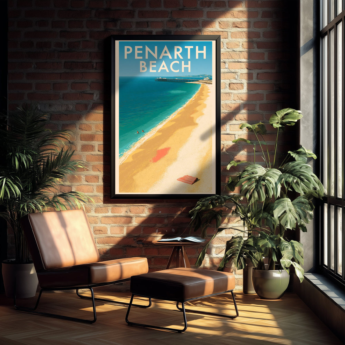 Penarth Beach Travel Poster - Electric Blue Art Print - Mid Century Seaside Illustration - Pier and Pebbles