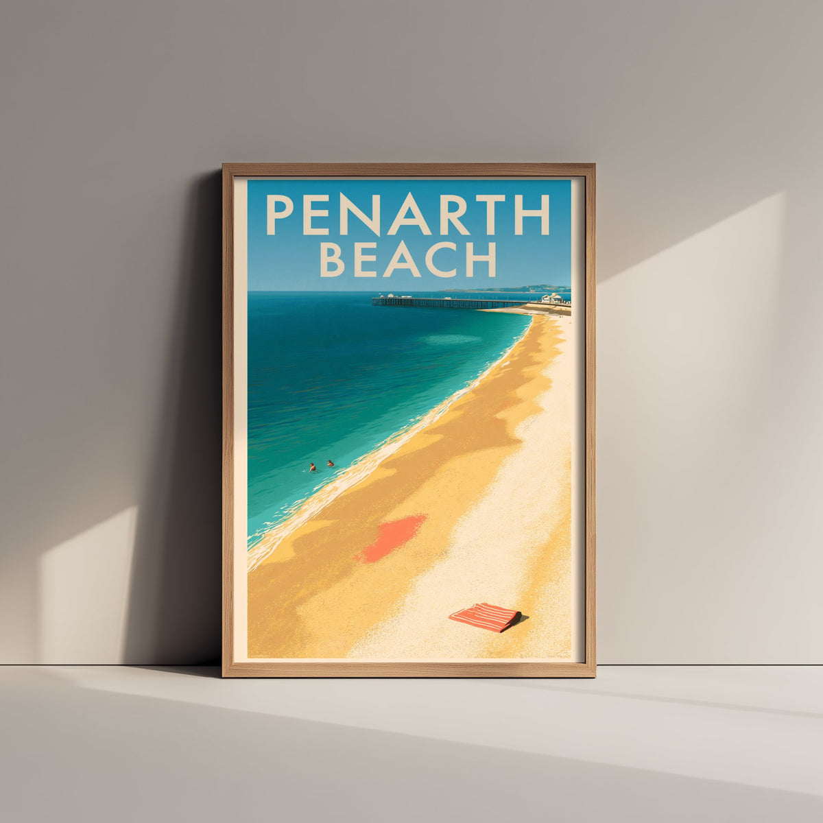 Penarth Beach Travel Poster - Electric Blue Art Print - Mid Century Seaside Illustration - Pier and Pebbles