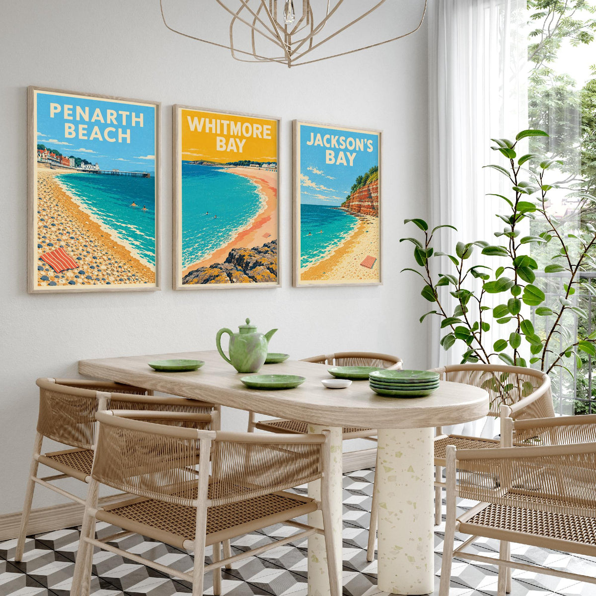 Penarth, Whitmore Bay and Jackson's Bay Set of Three Art Prints - Dappled Blue Glamorgan Beach Posters - Retro Seaside Illustration V1