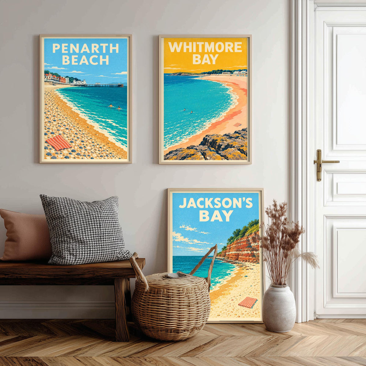 Penarth, Whitmore Bay and Jackson's Bay Set of Three Art Prints - Dappled Blue Glamorgan Beach Posters - Retro Seaside Illustration V1