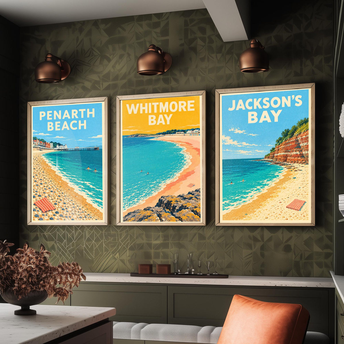 Penarth, Whitmore Bay and Jackson's Bay Set of Three Art Prints - Dappled Blue Glamorgan Beach Posters - Retro Seaside Illustration V1