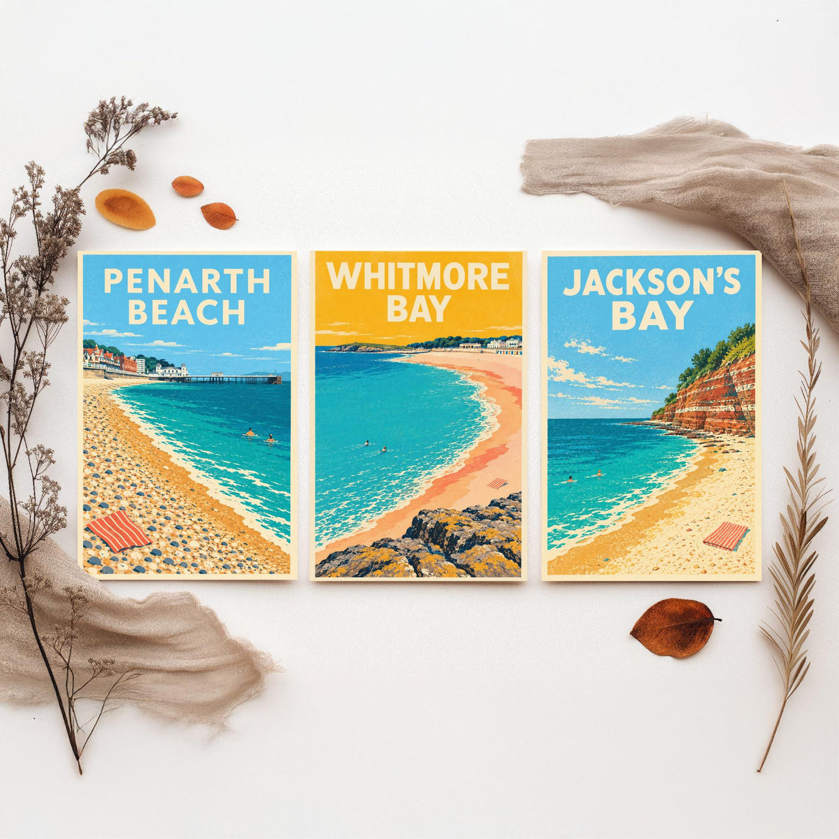 Penarth, Whitmore Bay and Jackson's Bay Set of Three Art Prints - Dappled Blue Glamorgan Beach Posters - Retro Seaside Illustration V1