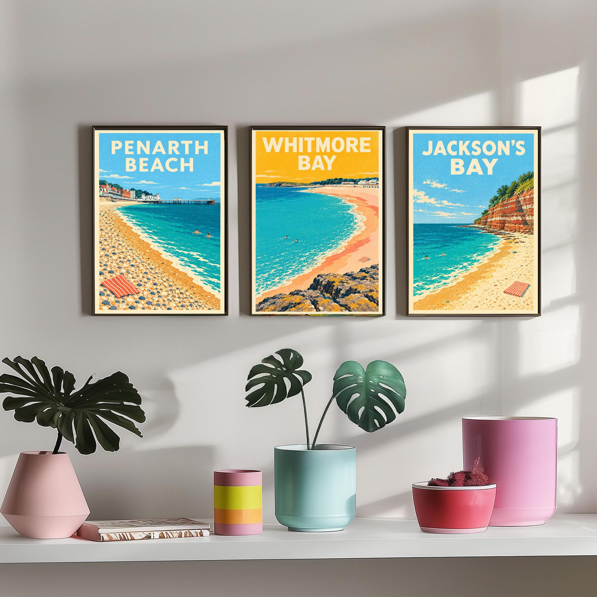 Penarth, Whitmore Bay and Jackson's Bay Set of Three Art Prints - Dappled Blue Glamorgan Beach Posters - Retro Seaside Illustration V1