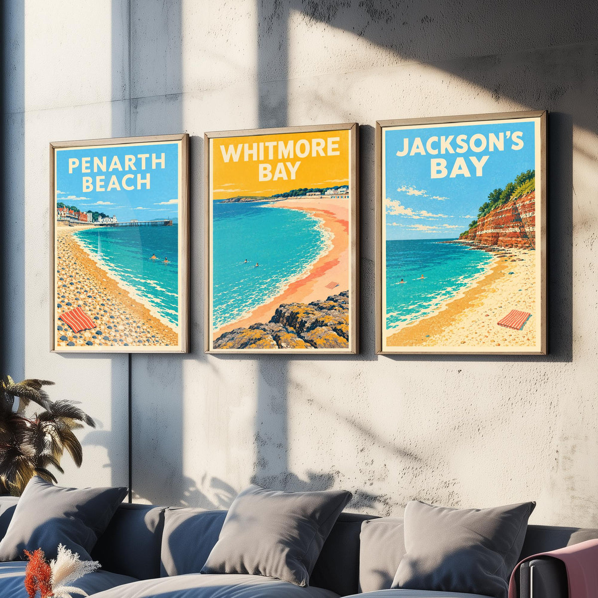 Penarth, Whitmore Bay and Jackson's Bay Set of Three Art Prints - Dappled Blue Glamorgan Beach Posters - Retro Seaside Illustration V1