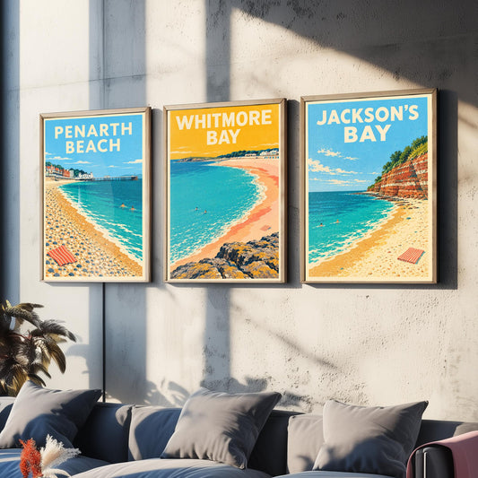 Penarth, Whitmore Bay and Jackson's Bay Set of Three Art Prints - Dappled Blue Glamorgan Beach Posters - Retro Seaside Illustration V1