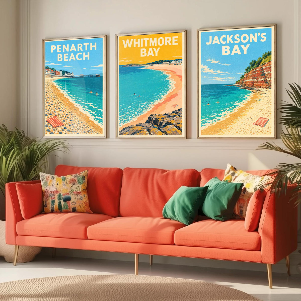 Penarth, Whitmore Bay and Jackson's Bay Set of Three Art Prints - Dappled Blue Glamorgan Beach Posters - Retro Seaside Illustration V1