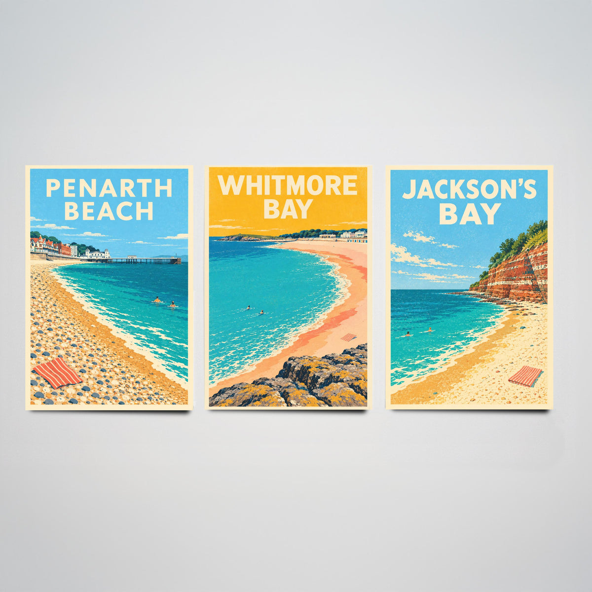 Penarth, Whitmore Bay and Jackson's Bay Set of Three Art Prints - Dappled Blue Glamorgan Beach Posters - Retro Seaside Illustration V1