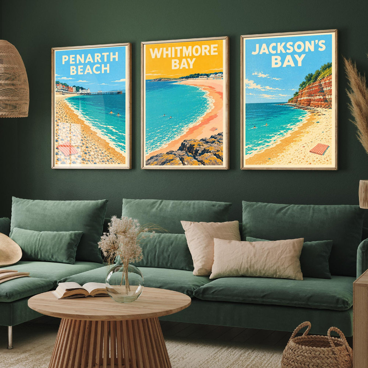 Penarth, Whitmore Bay and Jackson's Bay Set of Three Art Prints - Dappled Blue Glamorgan Beach Posters - Retro Seaside Illustration V1