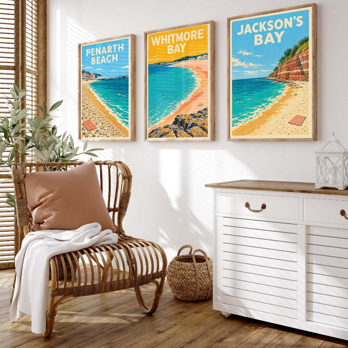 Penarth, Whitmore Bay and Jackson's Bay Set of Three Art Prints - Dappled Blue Glamorgan Beach Posters - Retro Seaside Illustration V1