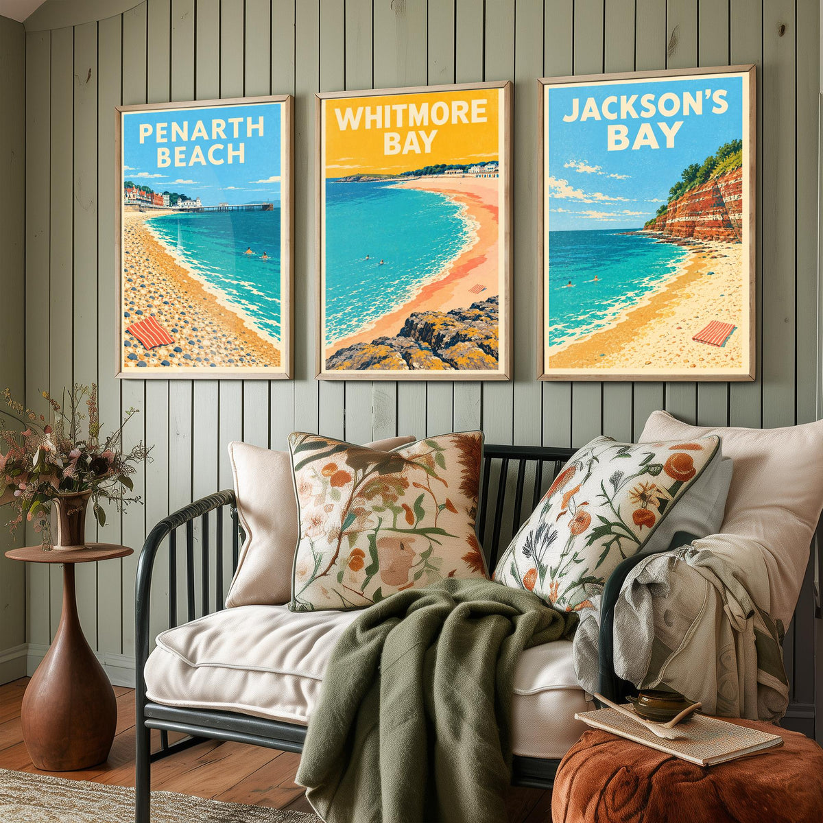 Penarth, Whitmore Bay and Jackson's Bay Set of Three Art Prints - Dappled Blue Glamorgan Beach Posters - Retro Seaside Illustration V1