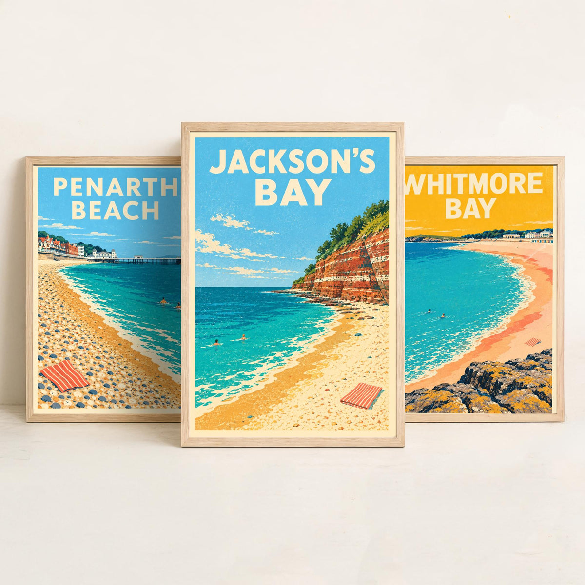 Penarth, Whitmore Bay and Jackson's Bay Set of Three Art Prints - Dappled Blue Glamorgan Beach Posters - Retro Seaside Illustration V1