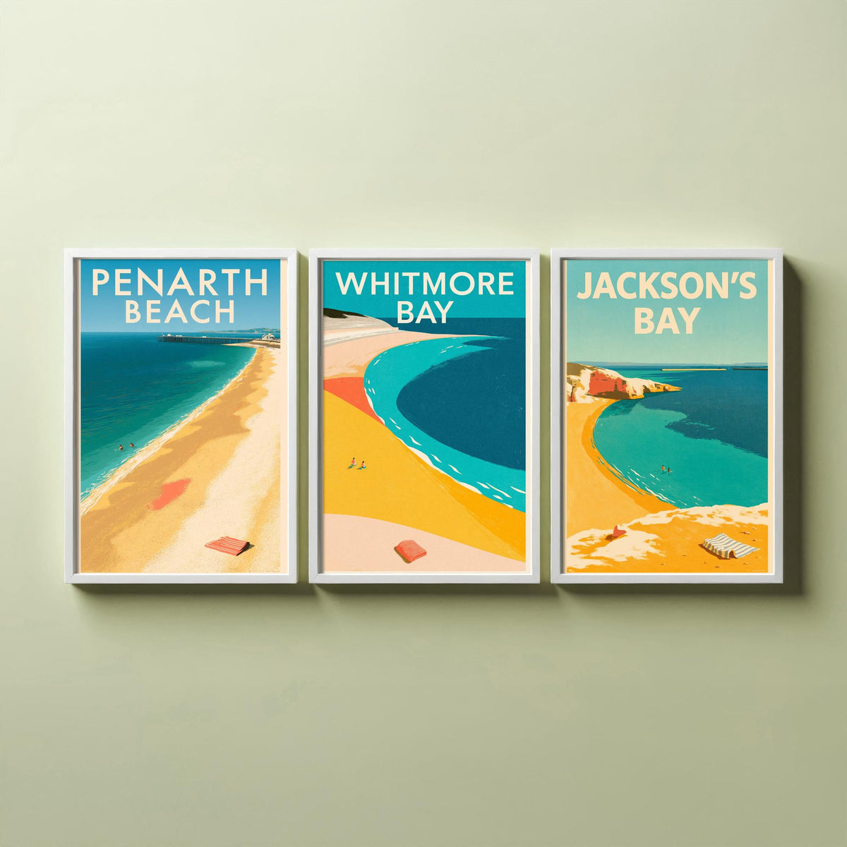 Barry Island and Penarth Set of Three Art Prints - Whitmore Bay, Jackson's Bay, Penarth Beach - Electric Blue Poster Illustrations V1