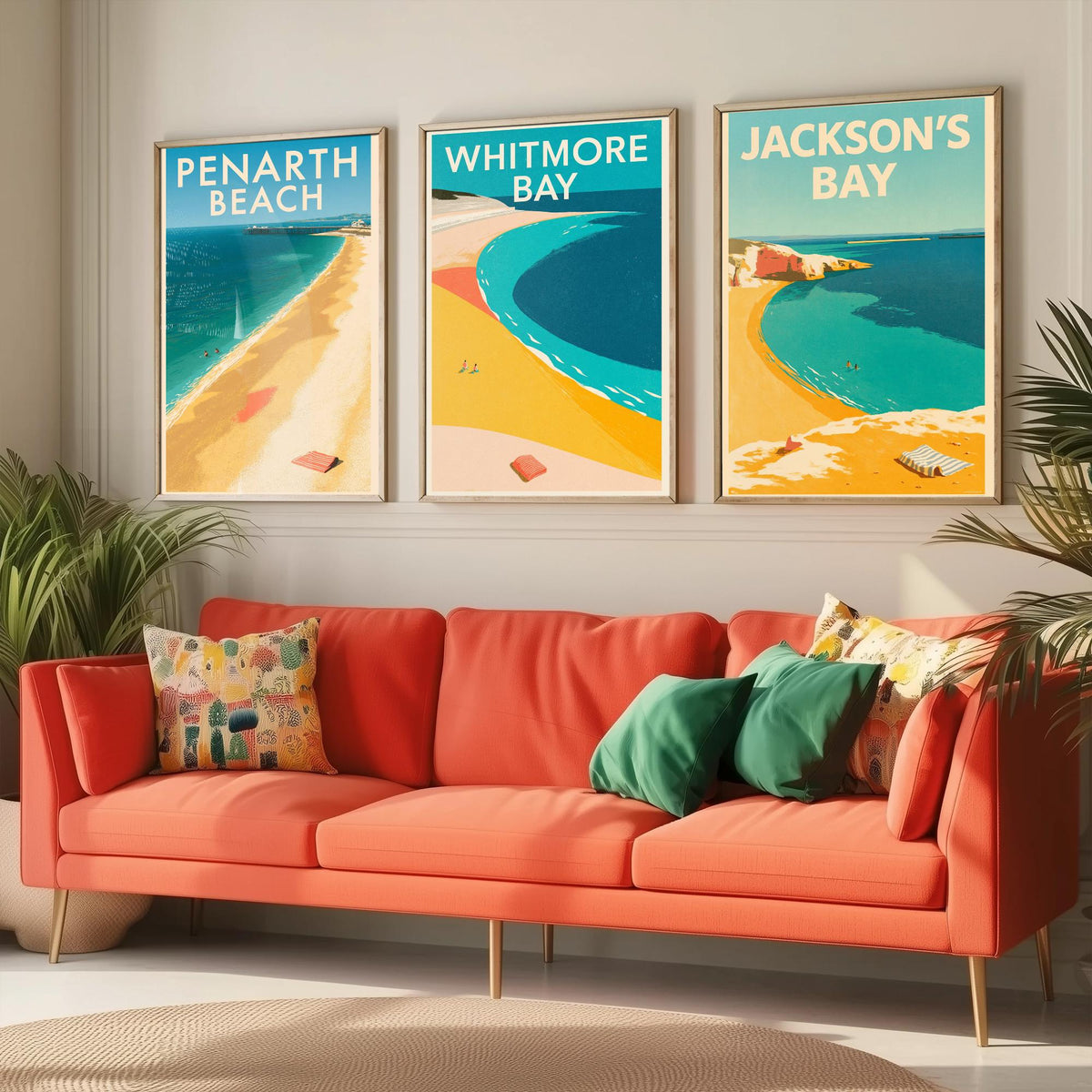 Barry Island and Penarth Set of Three Art Prints - Whitmore Bay, Jackson's Bay, Penarth Beach - Electric Blue Poster Illustrations V1