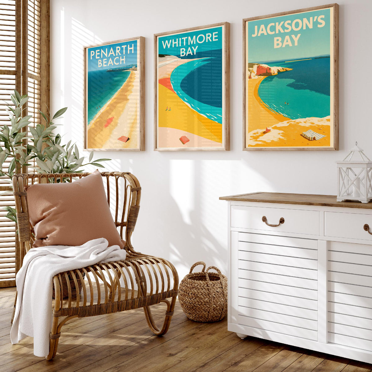 Barry Island and Penarth Set of Three Art Prints - Whitmore Bay, Jackson's Bay, Penarth Beach - Electric Blue Poster Illustrations V1