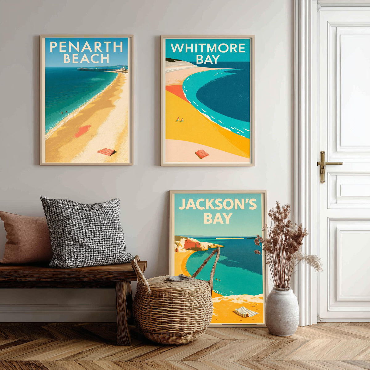 Barry Island and Penarth Set of Three Art Prints - Whitmore Bay, Jackson's Bay, Penarth Beach - Electric Blue Poster Illustrations V1