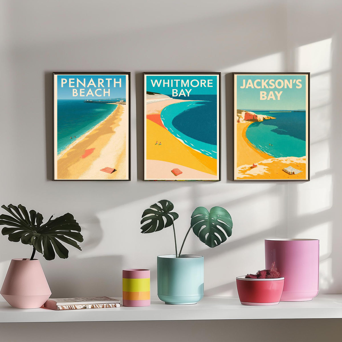 Barry Island and Penarth Set of Three Art Prints - Whitmore Bay, Jackson's Bay, Penarth Beach - Electric Blue Poster Illustrations V1