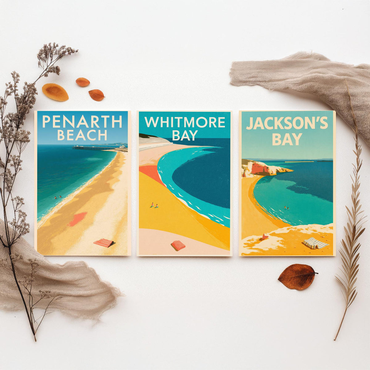 Barry Island and Penarth Set of Three Art Prints - Whitmore Bay, Jackson's Bay, Penarth Beach - Electric Blue Poster Illustrations V1