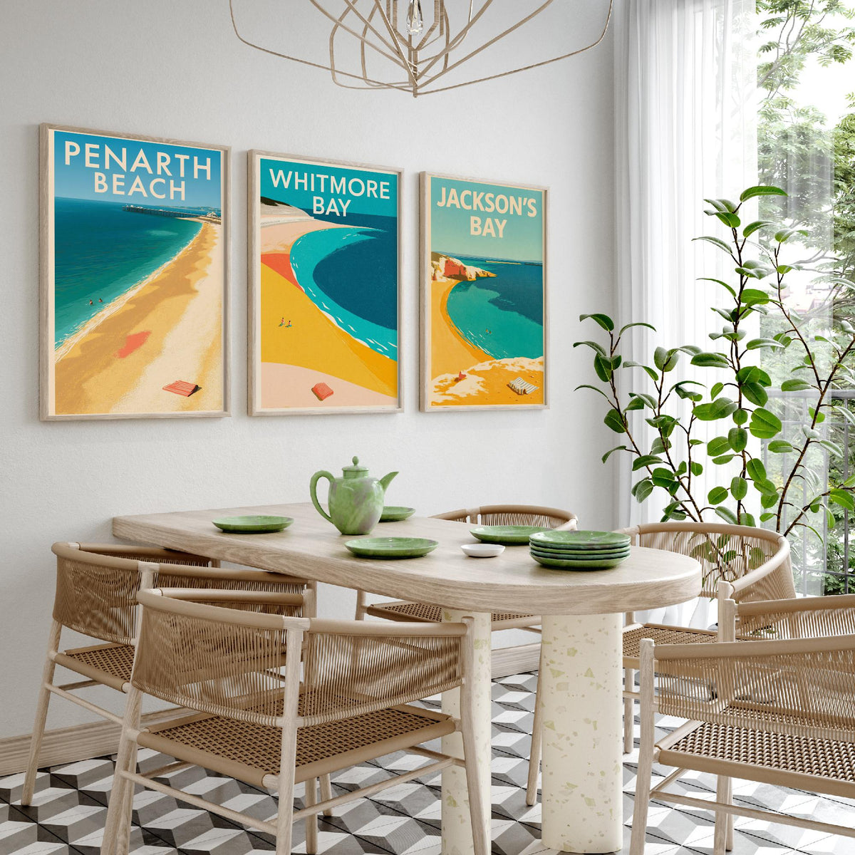 Barry Island and Penarth Set of Three Art Prints - Whitmore Bay, Jackson's Bay, Penarth Beach - Electric Blue Poster Illustrations V1