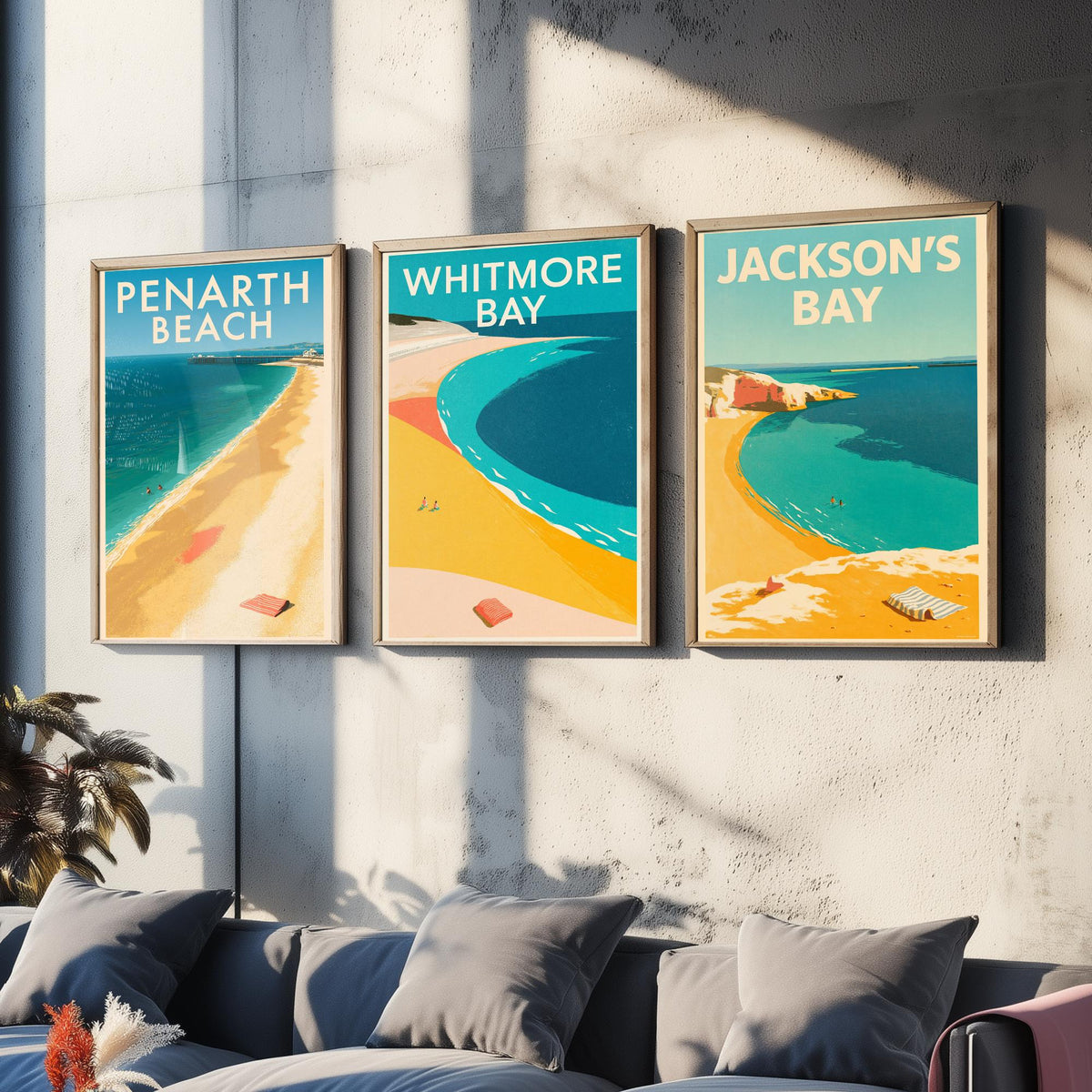 Barry Island and Penarth Set of Three Art Prints - Whitmore Bay, Jackson's Bay, Penarth Beach - Electric Blue Poster Illustrations V1