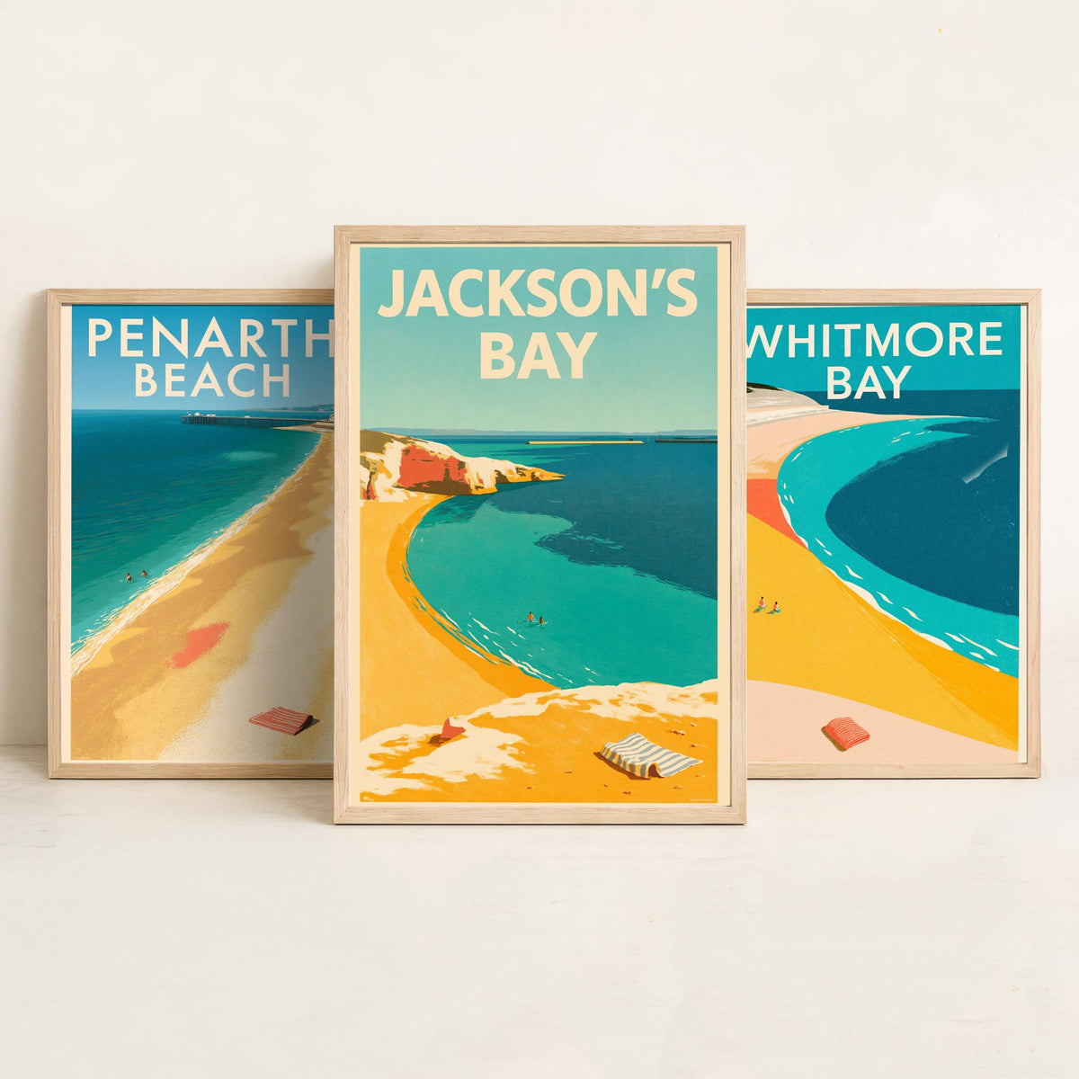 Barry Island and Penarth Set of Three Art Prints - Whitmore Bay, Jackson's Bay, Penarth Beach - Electric Blue Poster Illustrations V1