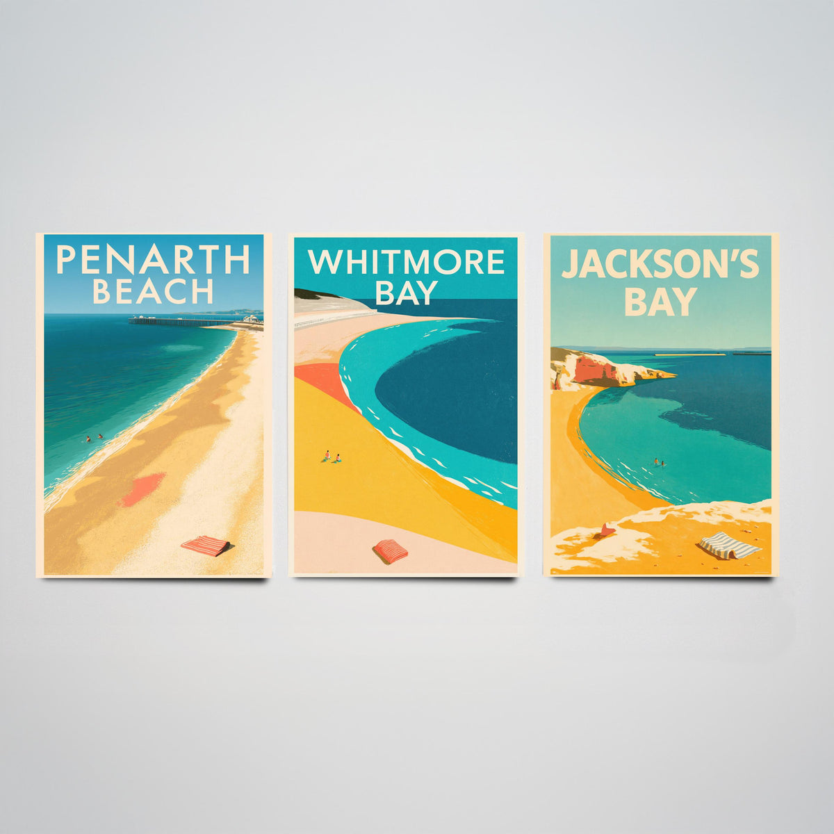 Barry Island and Penarth Set of Three Art Prints - Whitmore Bay, Jackson's Bay, Penarth Beach - Electric Blue Poster Illustrations V1