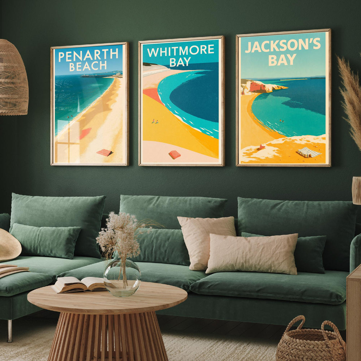 Barry Island and Penarth Set of Three Art Prints - Whitmore Bay, Jackson's Bay, Penarth Beach - Electric Blue Poster Illustrations V1