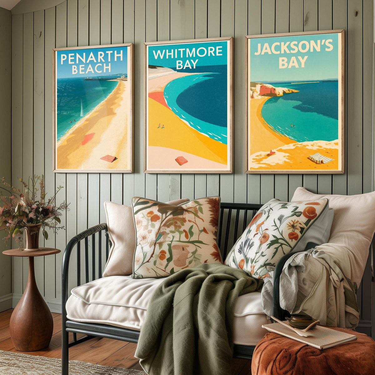 Barry Island and Penarth Set of Three Art Prints - Whitmore Bay, Jackson's Bay, Penarth Beach - Electric Blue Poster Illustrations V1