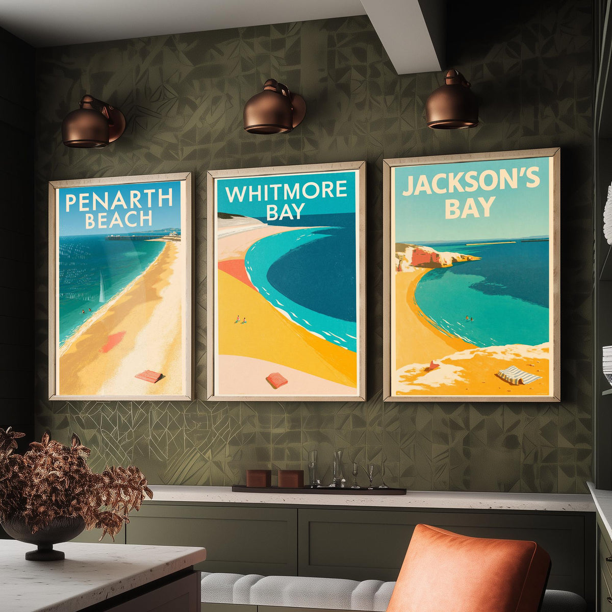 Barry Island and Penarth Set of Three Art Prints - Whitmore Bay, Jackson's Bay, Penarth Beach - Electric Blue Poster Illustrations V1