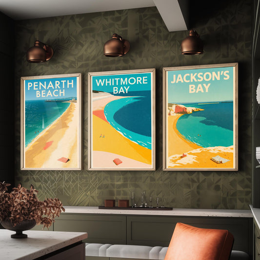 Barry Island and Penarth Set of Three Art Prints - Whitmore Bay, Jackson's Bay, Penarth Beach - Electric Blue Poster Illustrations V1